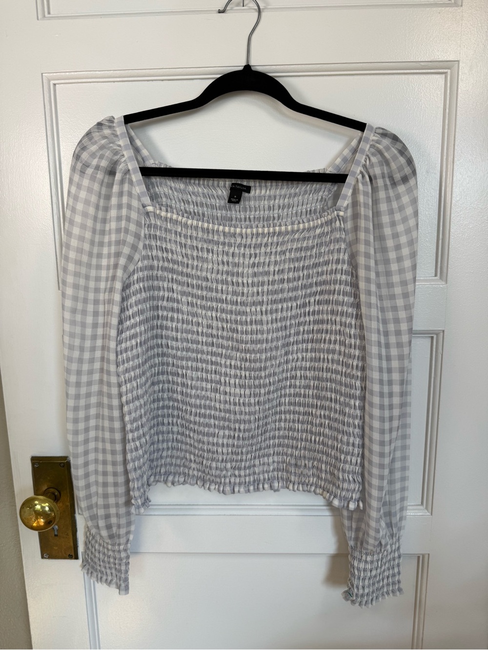 Ann Taylor Smocked Gingham Long-Sleeve Top